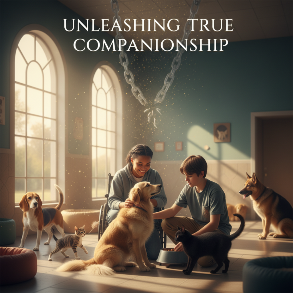 In a sunlit room at an animal shelter, a young woman in a wheelchair and a young boy smile as they pet a golden retriever. They are surrounded by other hopeful pets, including a beagle, a German shepherd, a black cat, and a kitten. Above them, a symbolic broken chain hovers under the words, "UNLEASHING TRUE COMPANIONSHIP."