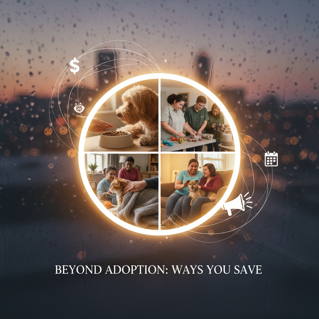 A graphic with the text "BEYOND ADOPTION: WAYS YOU SAVE." In the center, a glowing circle is divided into four photos: a dog eating, volunteers working together, a family petting a dog, and a couple holding a dog. The circle is surrounded by icons representing donations, supplies, time, and advocacy, all set against a background of a city view through a rainy window at sunset.