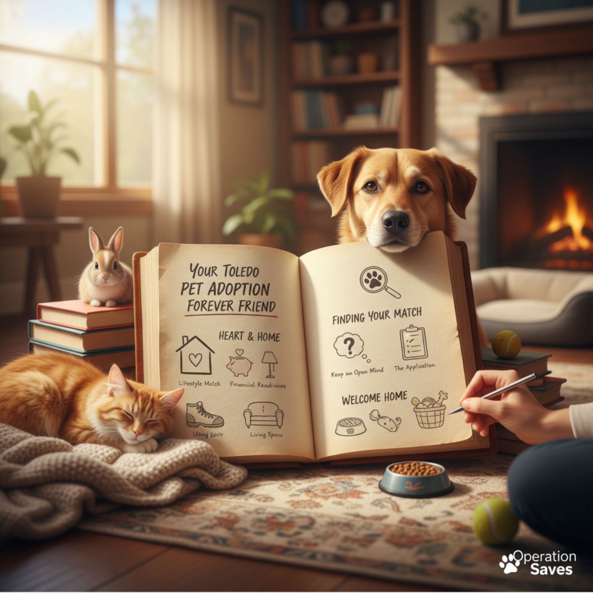 A heartwarming, cozy living room scene illustrating a pet adoption checklist. A golden-colored dog peeks over a large open book, an orange cat sleeps on a blanket beside it, and a rabbit sits on books in the background. The book, titled "Your Toledo Pet Adoption Forever Friend," shows checklist items with doodles for preparing a home and finding a pet. The "Operation Saves" logo is in the bottom right corner.