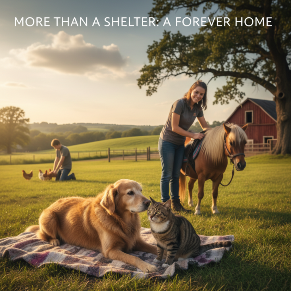 A sunny, idyllic scene at a farm sanctuary. In the foreground, a golden retriever and a tabby cat snuggle on a blanket. Behind them, a woman smiles while tending to a small pony, and in the distance, a man is with chickens near a red barn. The text at the top reads: "MORE THAN A SHELTER: A FOREVER HOME."