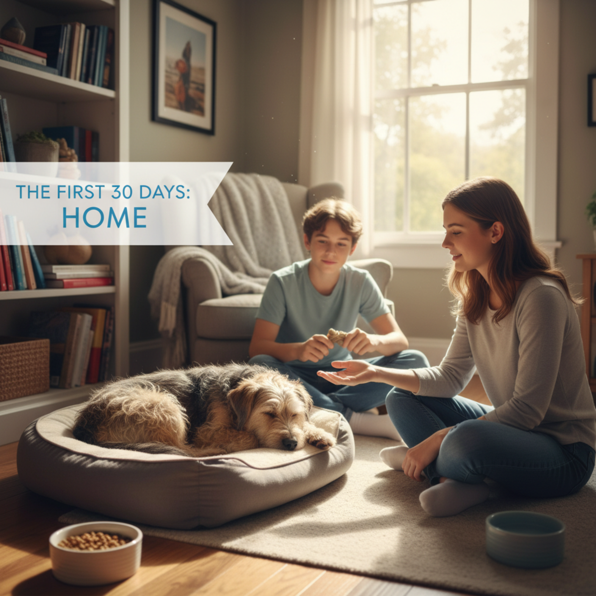 A woman and a boy sit on the floor of a cozy living room, patiently watching their new scruffy dog as it sleeps in a dog bed. Text overlay reads: "THE FIRST 30 DAYS: HOME".