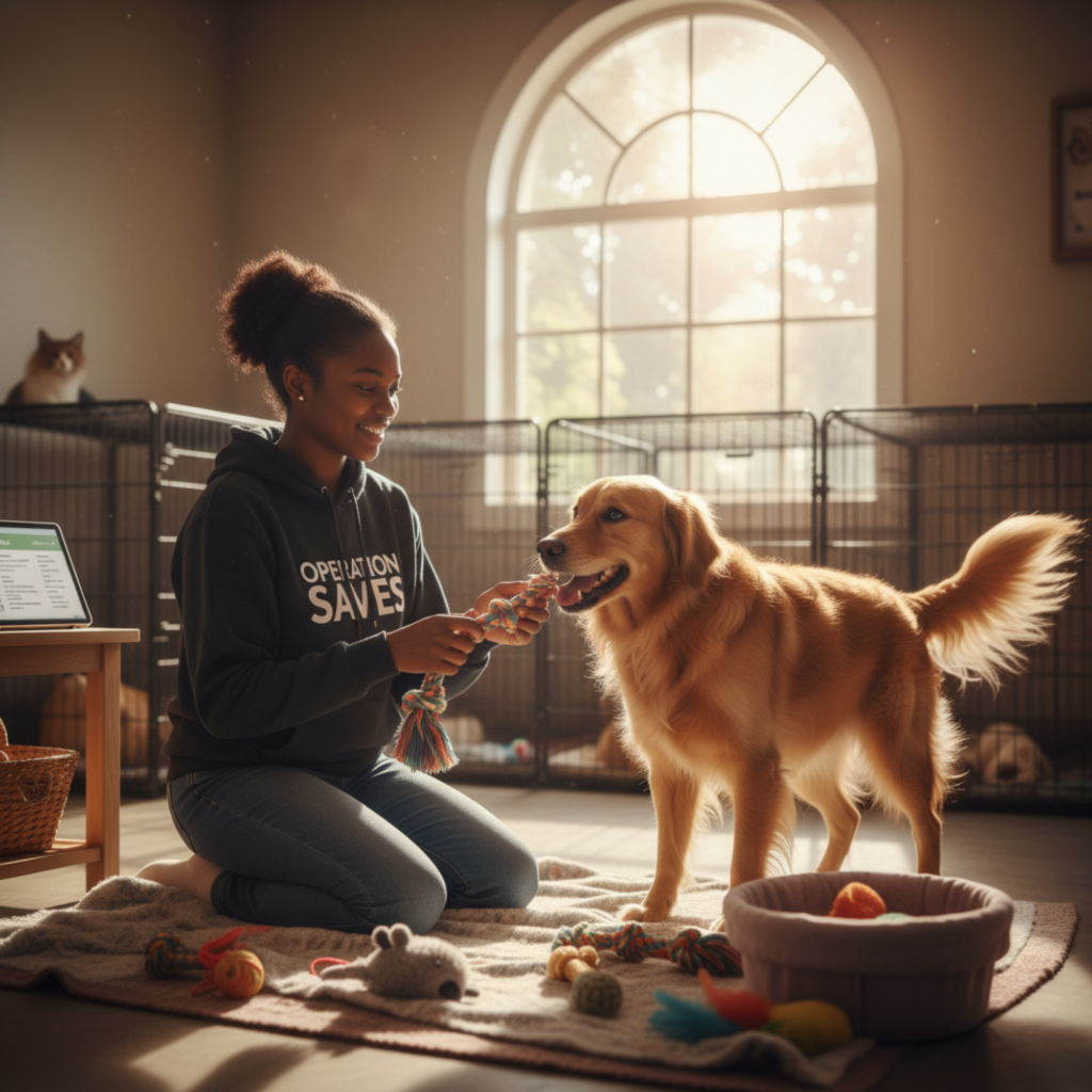 A young woman, a volunteer at a sunlit animal shelter, kneels on the floor smiling and playing with a happy golden retriever with a rope toy. Other toys are scattered on the rug around them, and kennels are visible in the background.