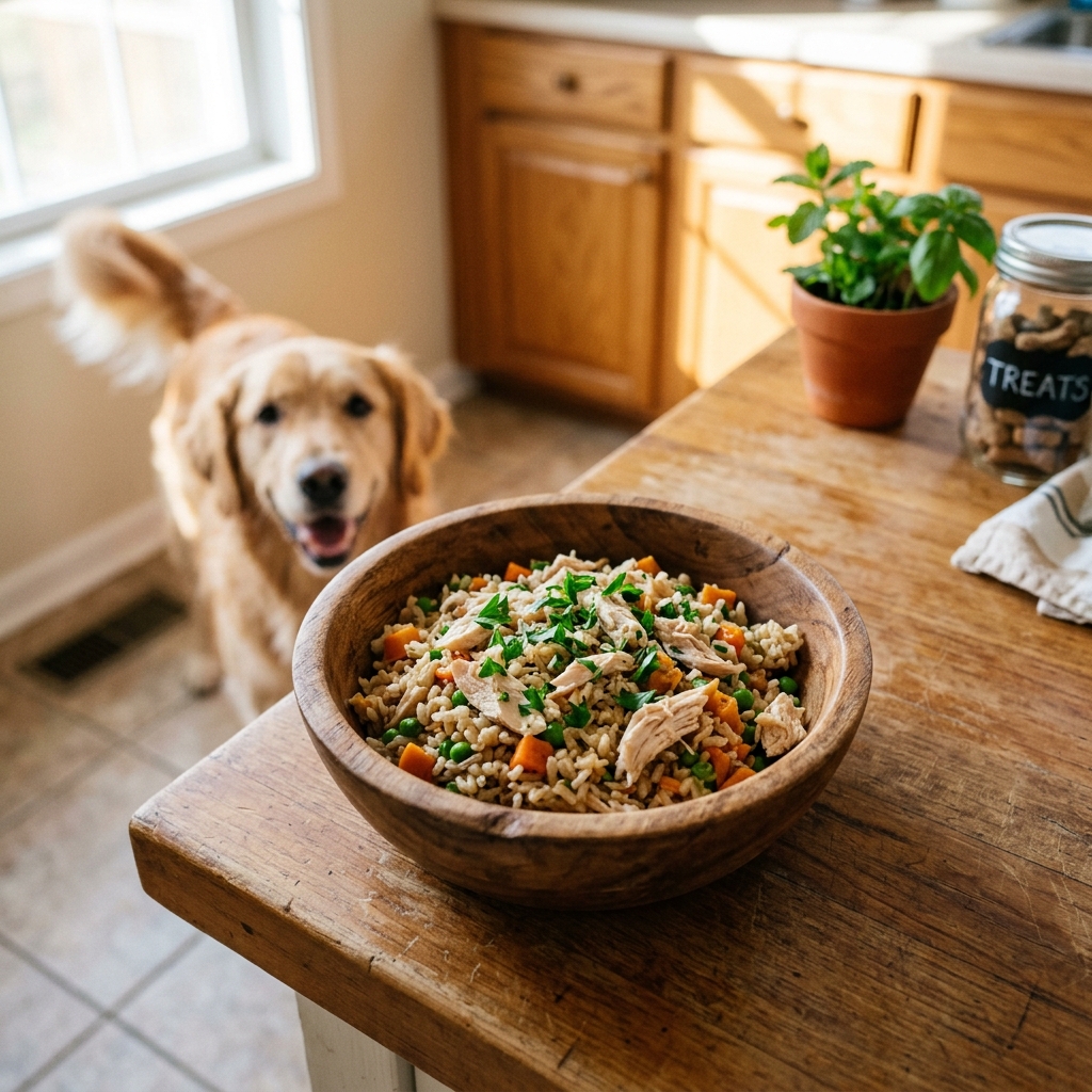 Golden retriever eagerly eyes homemade dog meal of chicken, rice, peas, carrots, and herbs in wooden bowl on wooden kitchen table with treats jar nearby