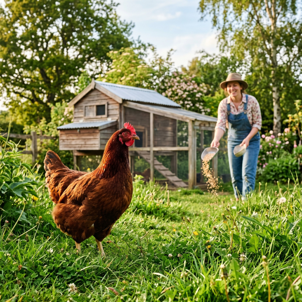 A red hen stands in green grass while a woman in overalls tosses grain in front of a wooden chicken coop.