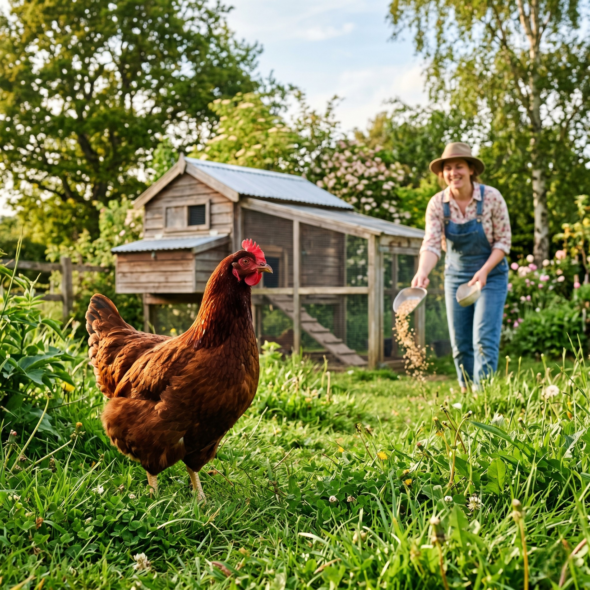 A red hen stands in green grass while a woman in overalls tosses grain in front of a wooden chicken coop.