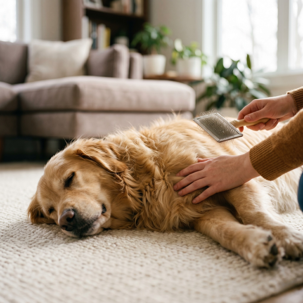 A person uses a metal slicker brush to groom a golden retriever lying comfortably on a white rug.