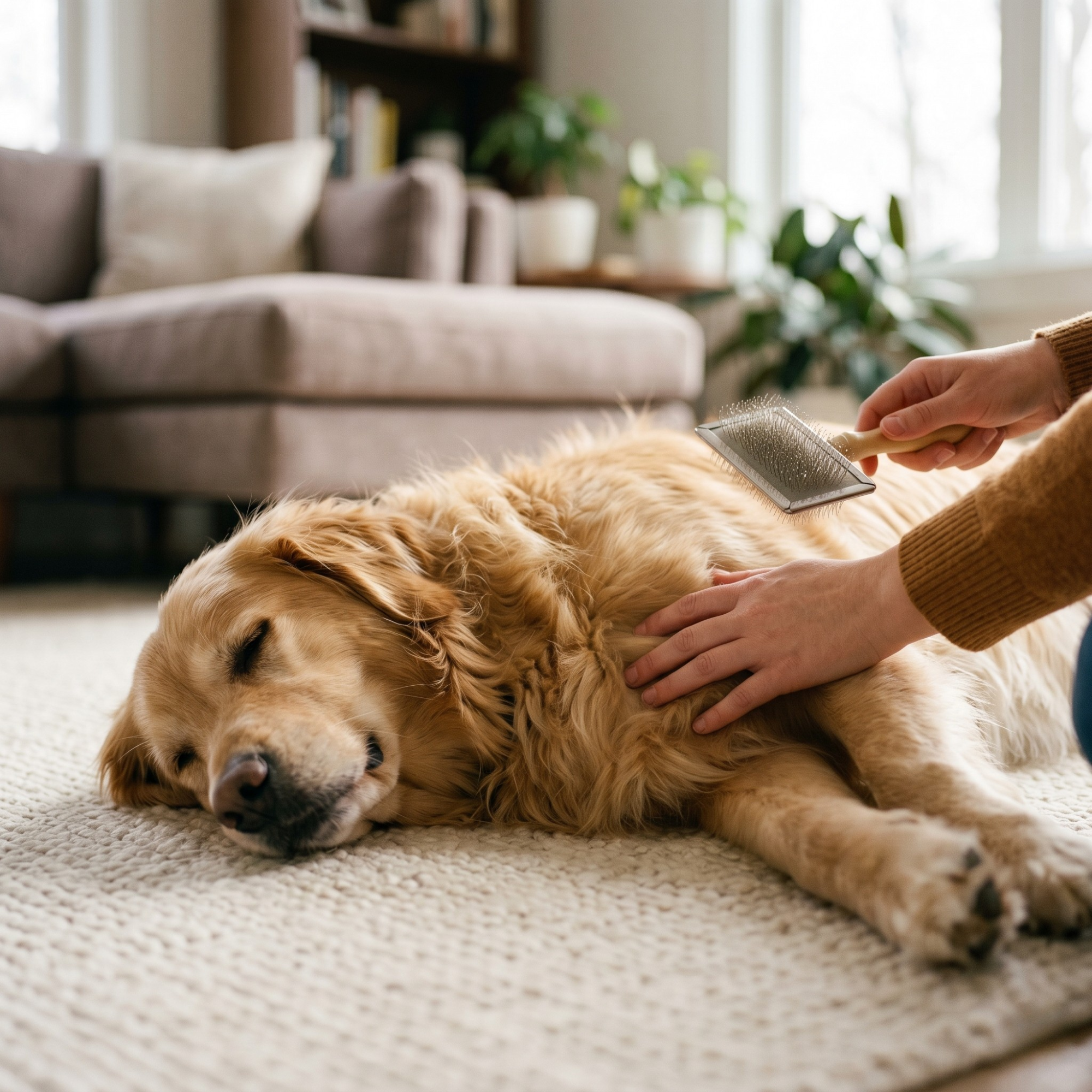 A person uses a metal slicker brush to groom a golden retriever lying comfortably on a white rug.