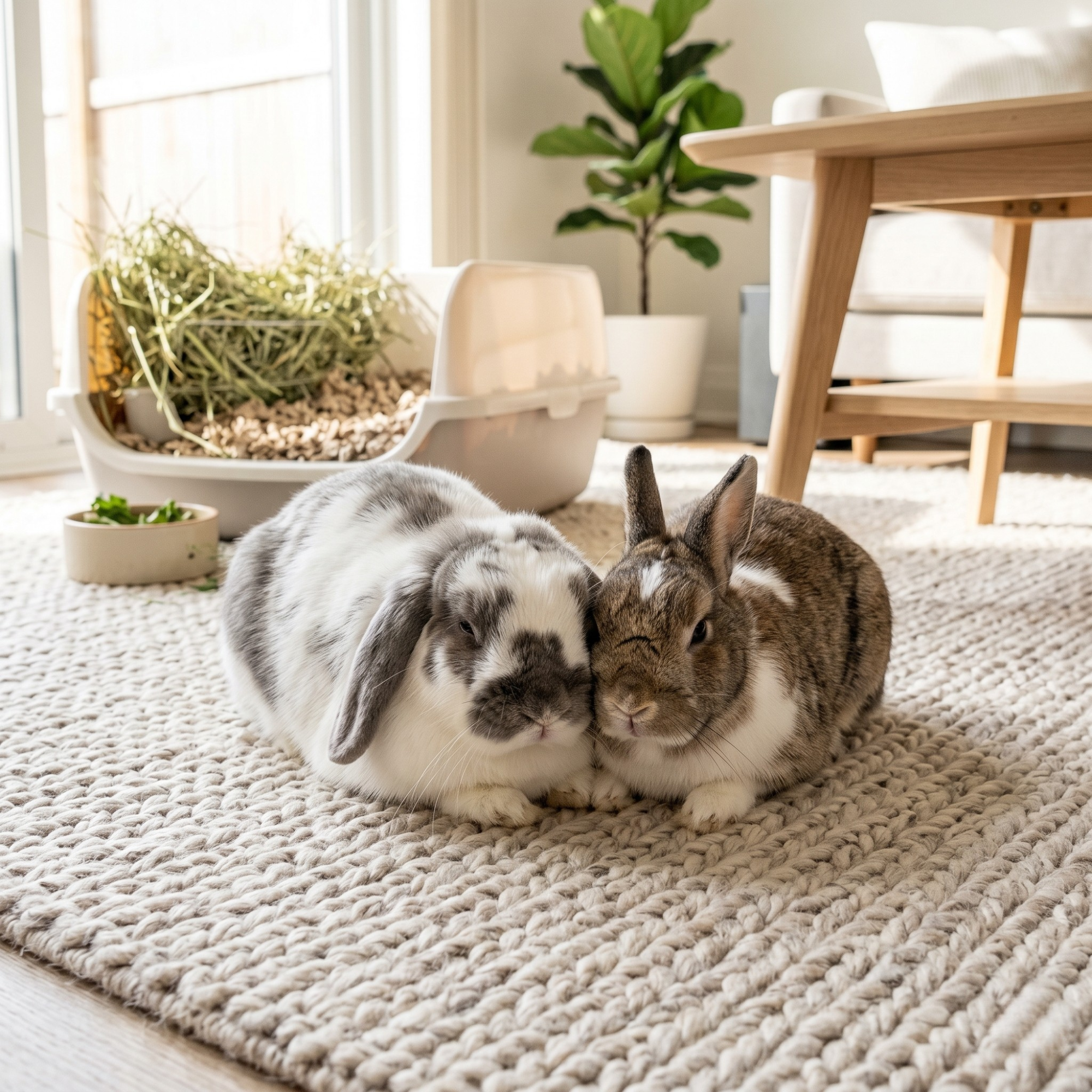 Two bonded rabbits, one white and grey lop and one brown and white, huddle together on a textured rug near a hay feeder.