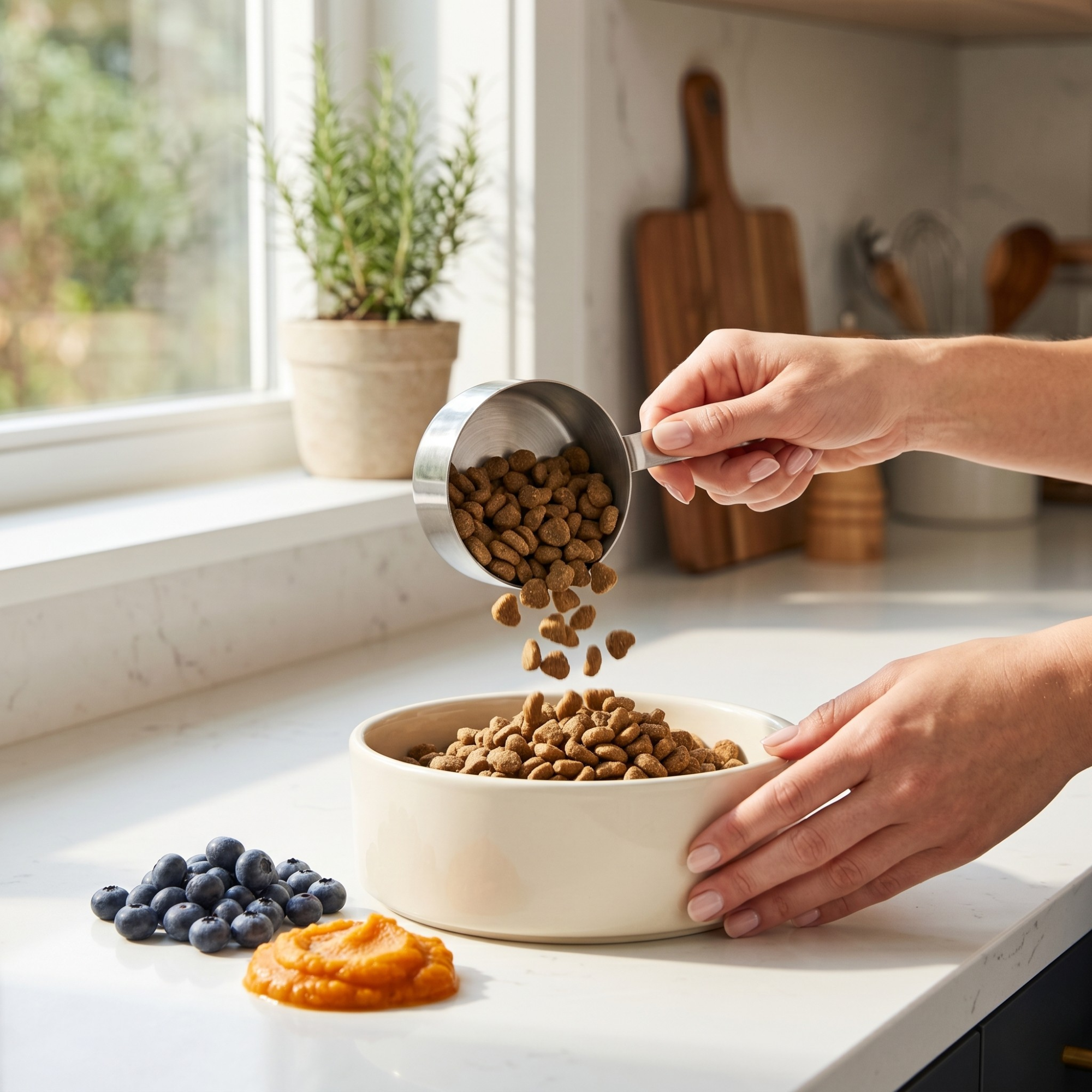 A person pours dry dog kibble from a metal measuring cup into a ceramic bowl next to fresh blueberries and pureed pumpkin.