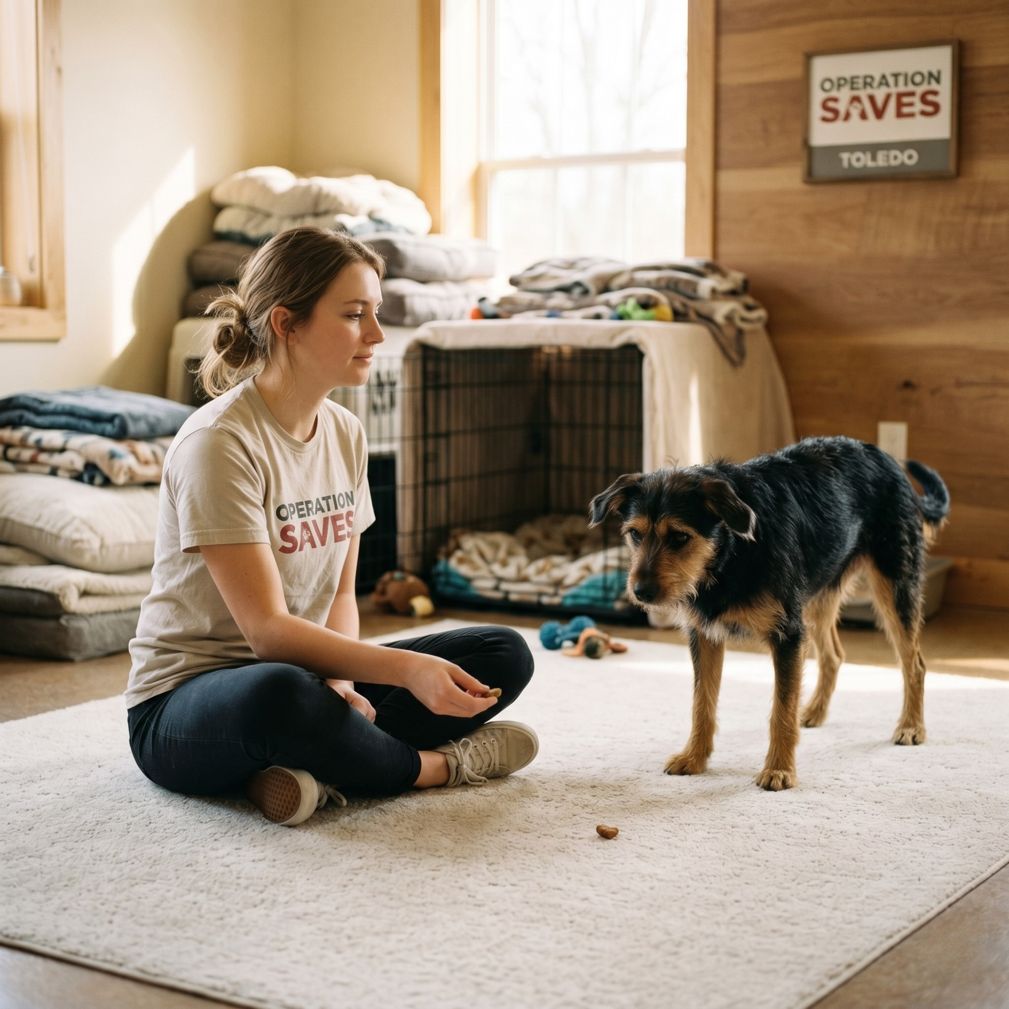 A young woman wearing an Operation Saves t-shirt sits cross-legged on a rug, calmly offering a treat to a small, scruffy black and brown dog showing cautious body language in a sunlit room.