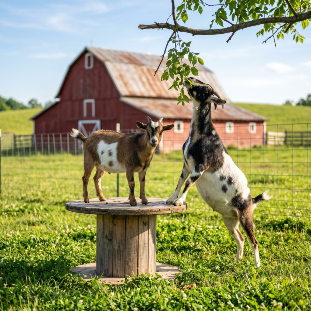 Two spotted goats playing on a wooden cable spool in a green pasture with a red barn in the background.