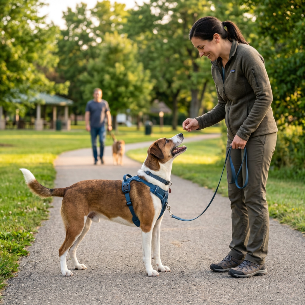 A woman rewards her tan and white dog with a treat for staying calm while another dog walker approaches on a park path.