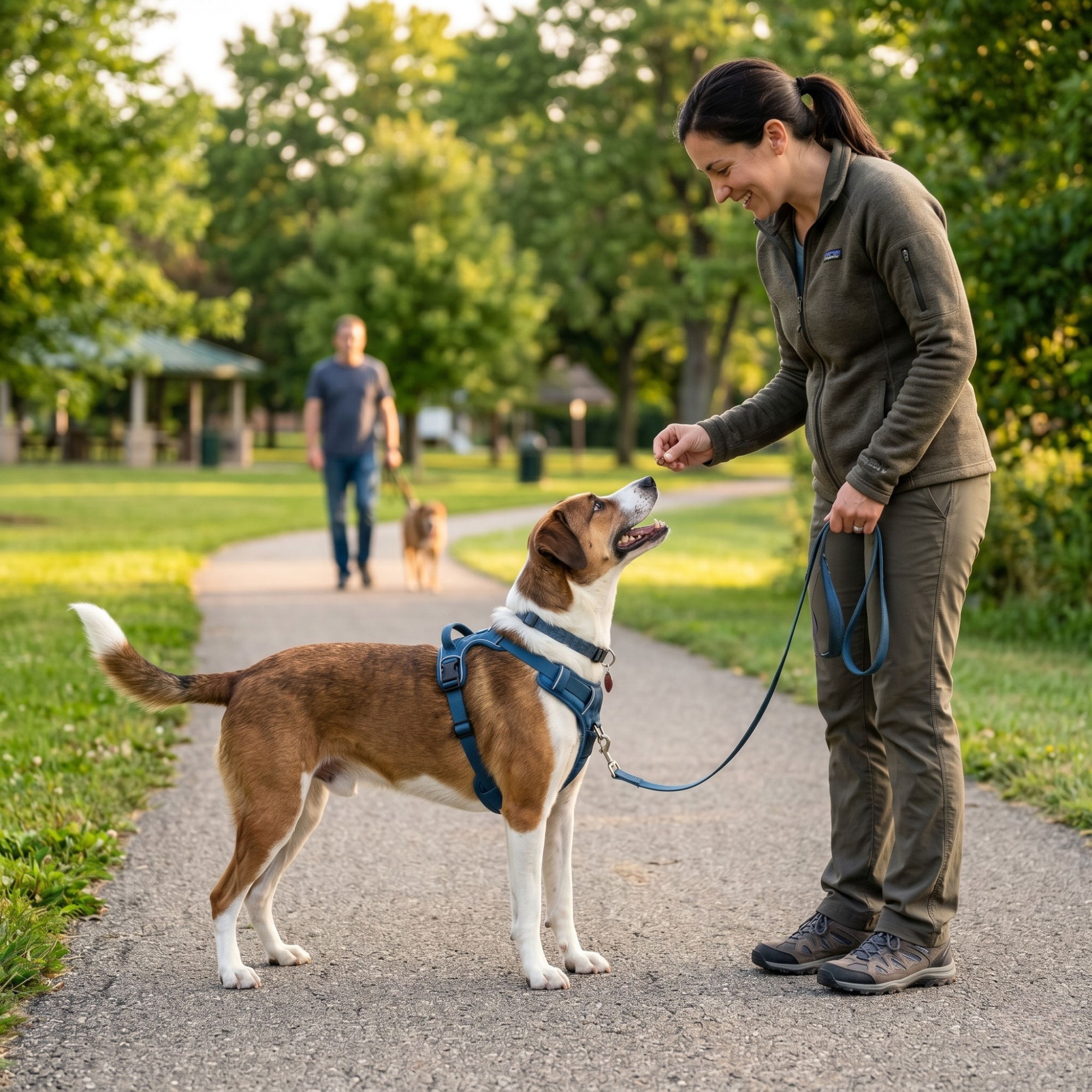 A woman rewards her tan and white dog with a treat for staying calm while another dog walker approaches on a park path.