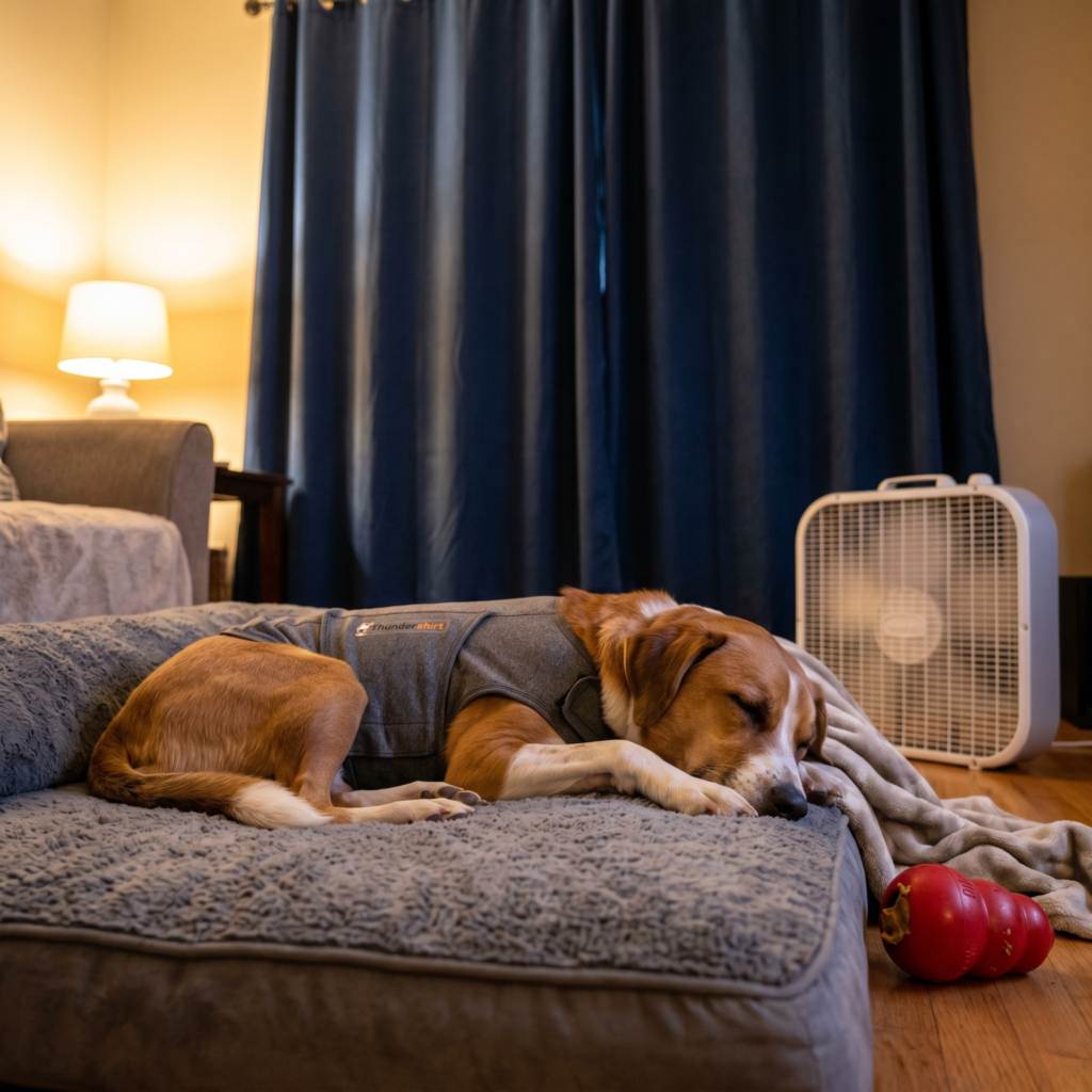 A calm, medium-sized tan and white dog wearing a grey ThunderShirt sleeps soundly on a plush grey dog bed in a dimly lit room.