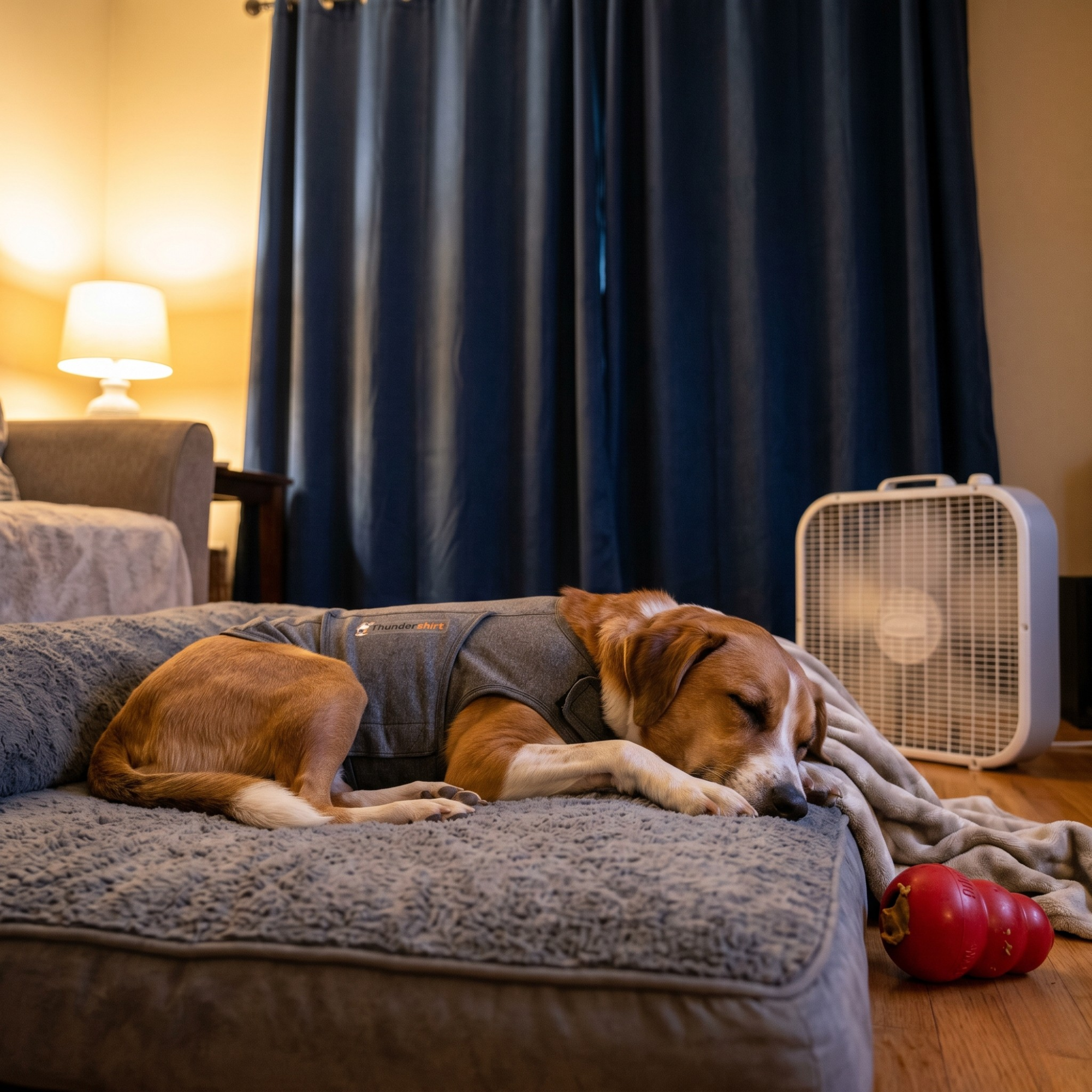 A calm, medium-sized tan and white dog wearing a grey ThunderShirt sleeps soundly on a plush grey dog bed in a dimly lit room.