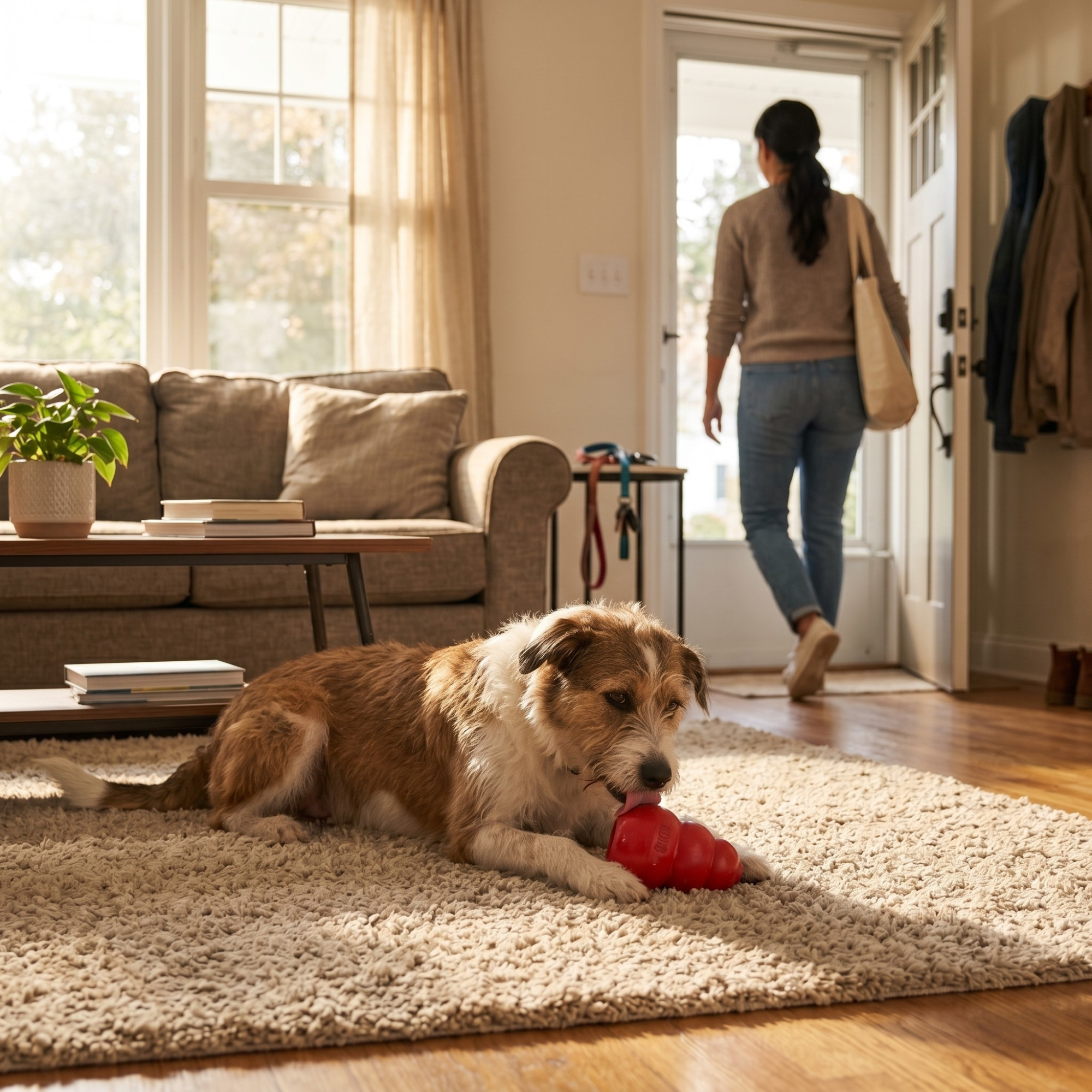 A scruffy brown and white dog lies on a rug licking a red Kong toy while a woman with a tote bag walks out the front door.