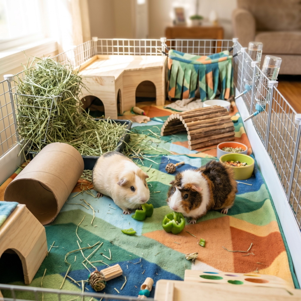 Two guinea pigs eat green bell peppers inside a large, colorful C&C cage filled with hay, tunnels, and toys.