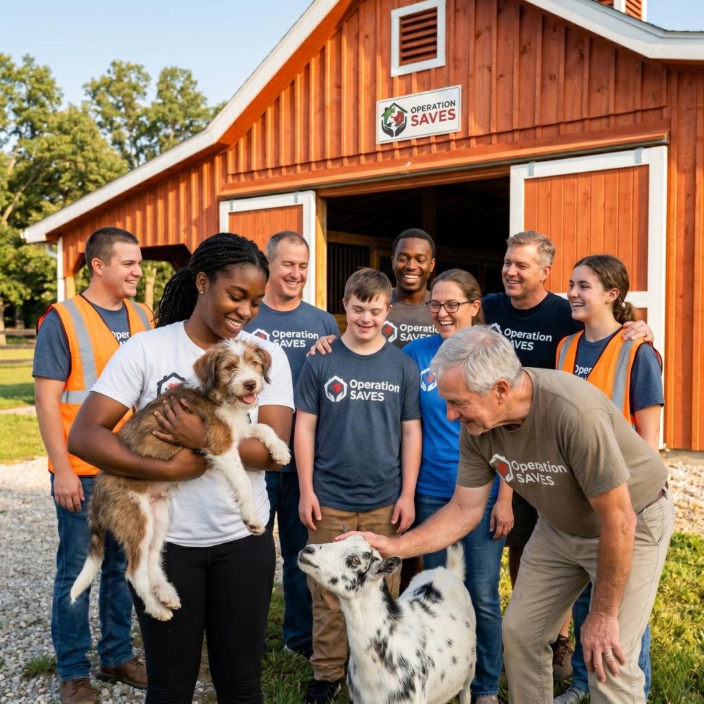 A diverse group of Operation Saves volunteers and staff smile together in front of a red barn, holding a puppy and petting a goat.