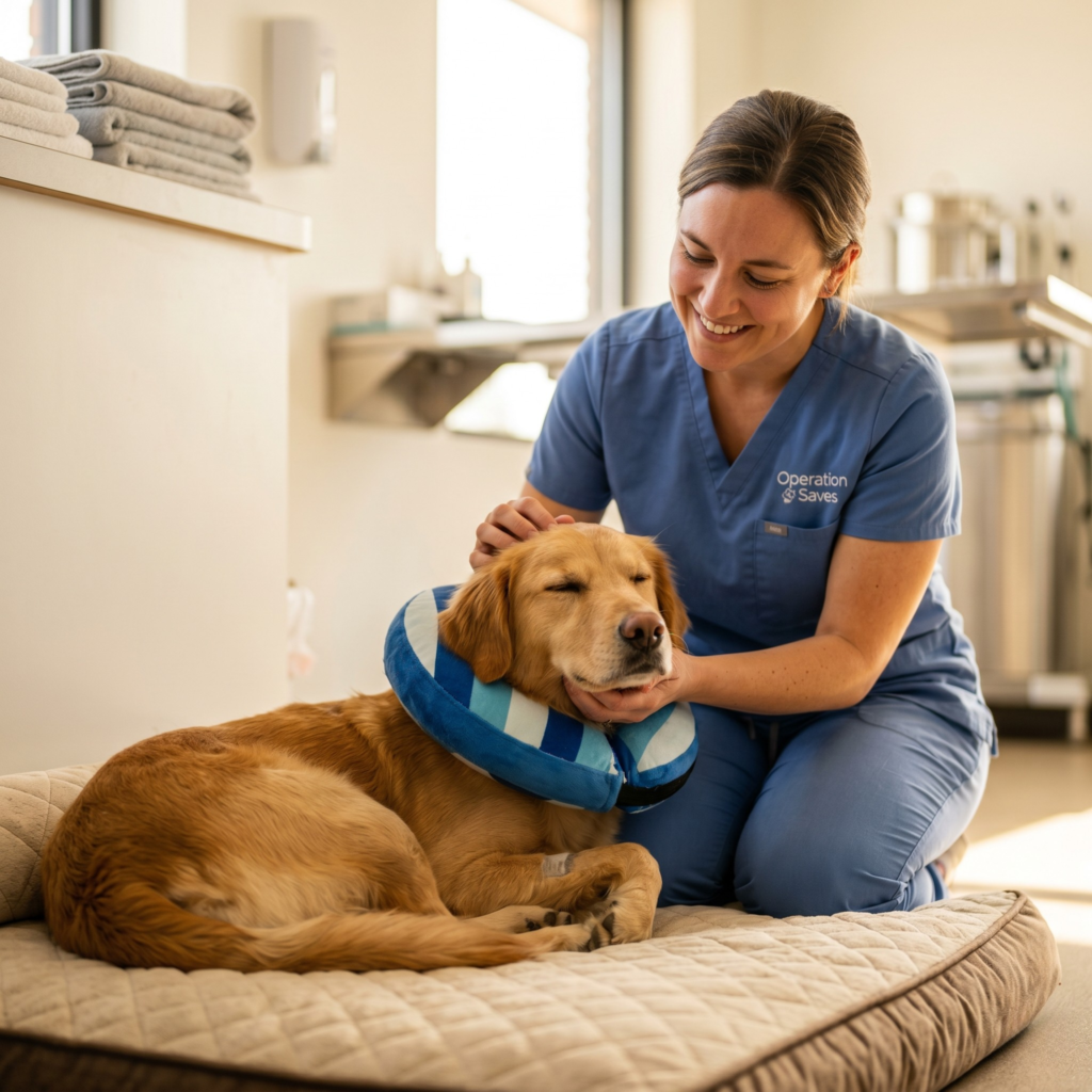 A smiling veterinary professional in blue Operation Saves scrubs pets a golden retriever wearing a blue striped recovery collar.