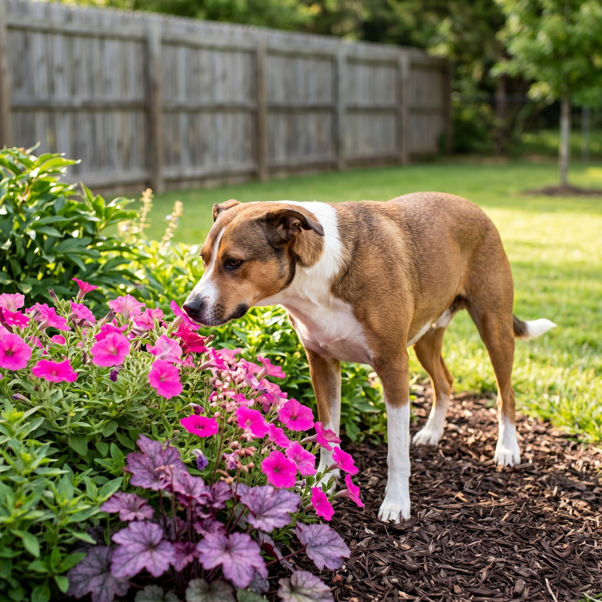 A brown and white dog sniffs bright pink petunia flowers in a garden bed with dark mulch and a wooden fence.