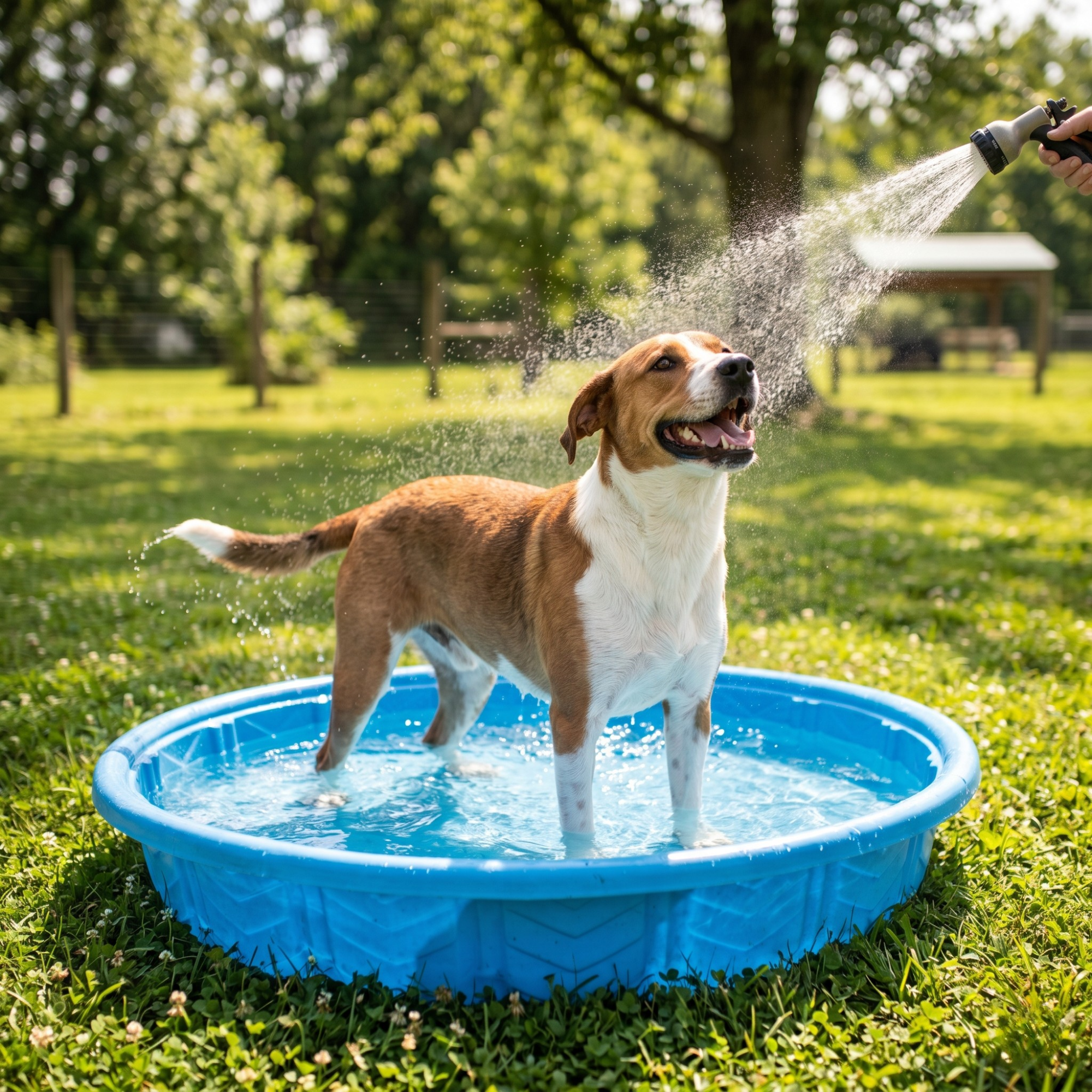 A happy brown and white dog stands in a blue plastic kiddie pool while being sprayed with a cool mist from a garden hose.