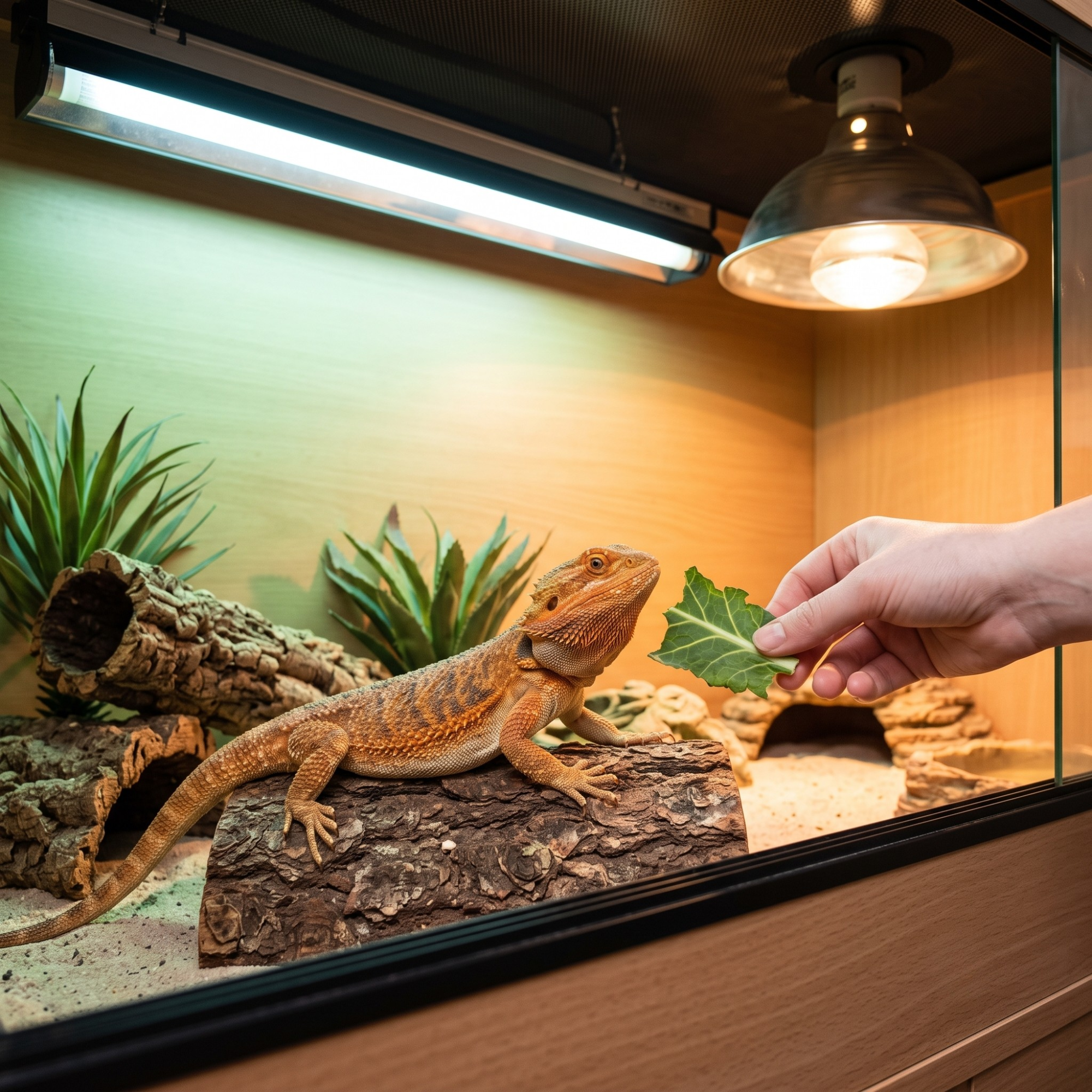 A bearded dragon in a terrarium with a hand offering it a green leaf. Heat lamps and plants are visible.