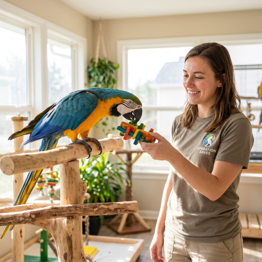 Smiling woman in 'Operation Saves' shirt offering colorful puzzle toy to blue and gold macaw on a wooden perch.