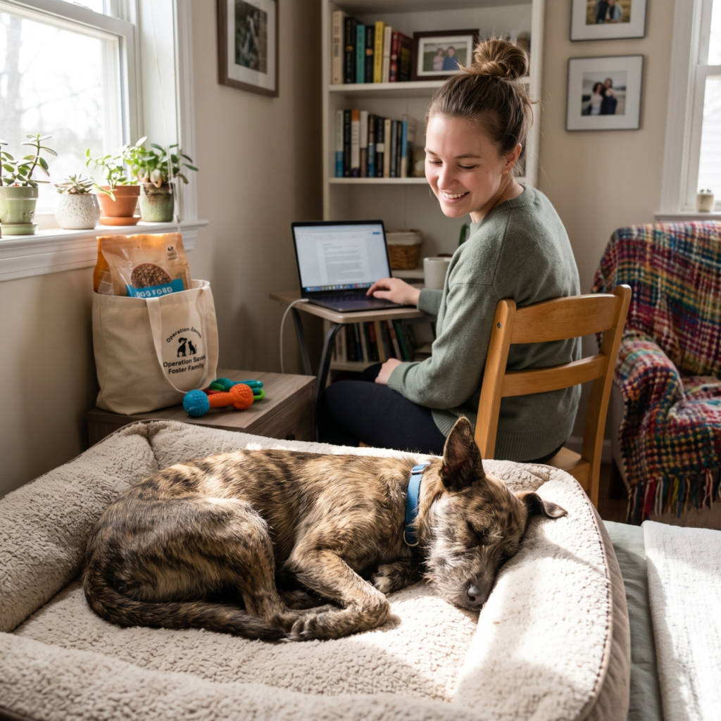 Smiling woman on laptop at desk, brindle dog sleeping in bed, tote bag with dog food and toys nearby.