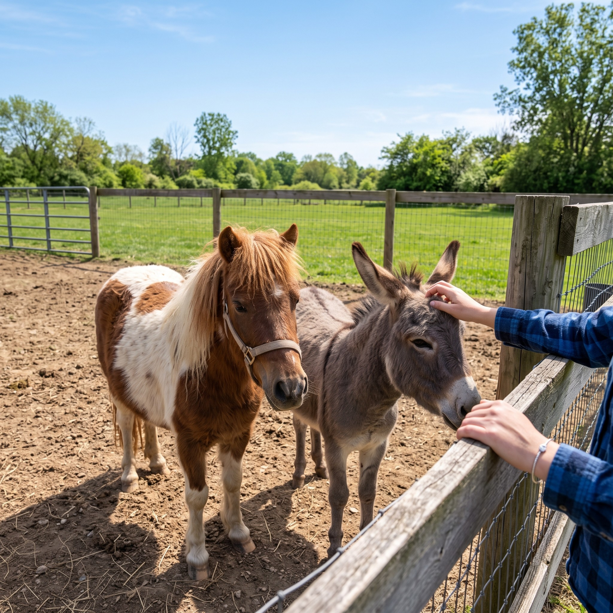 A person petting a miniature donkey next to a miniature horse in a fenced enclosure on a sunny day.