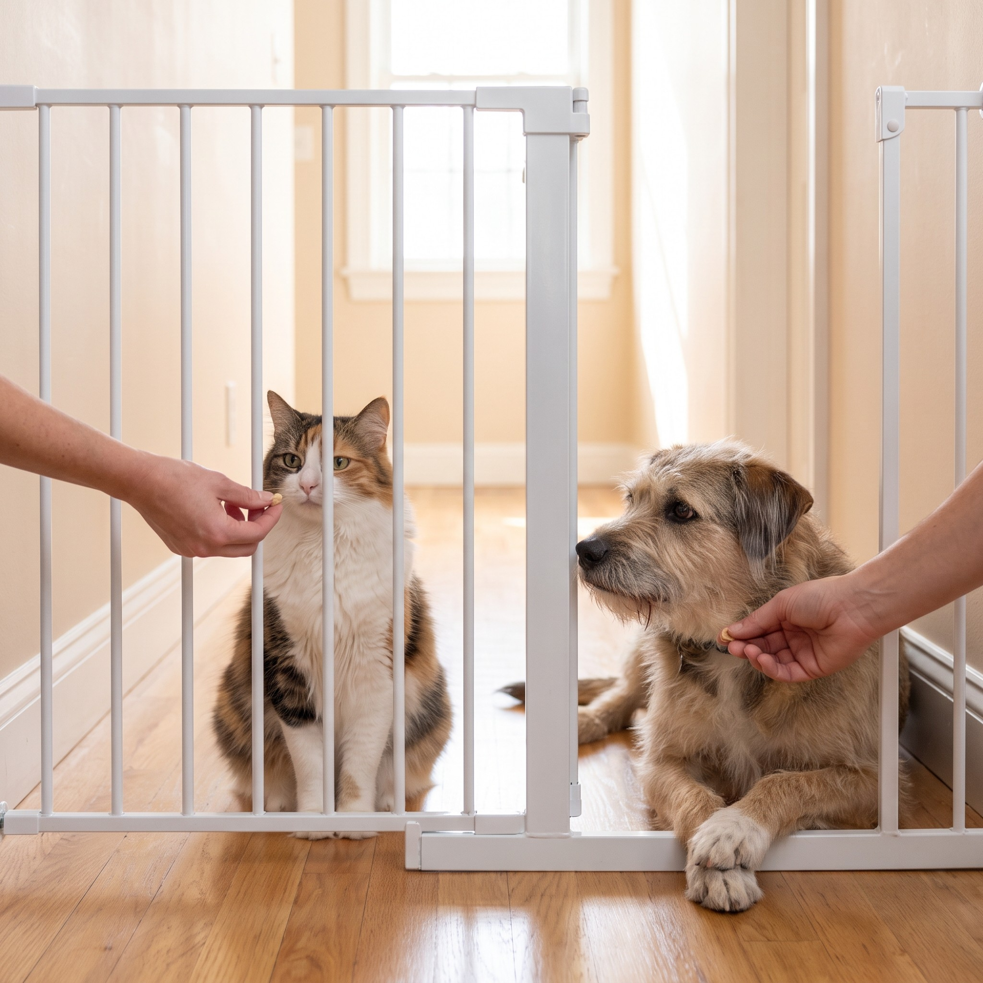 A calico cat and a scruffy dog separated by a white pet gate, both being offered treats by human hands.
